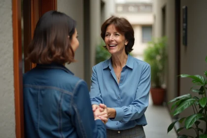 Femme d'&acirc;ge moyen accueillante souriant &agrave; sa porte