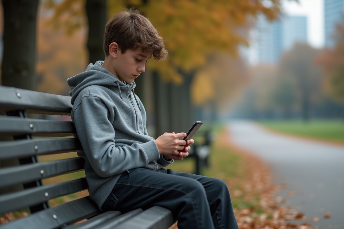 Adolescent assis seul sur un banc dans un parc en automne
