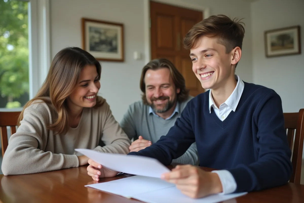 Adolescent souriant montrant son bulletin à ses parents