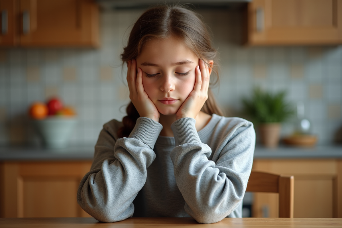 Adolescente assise dans la cuisine avec mains sur les oreilles