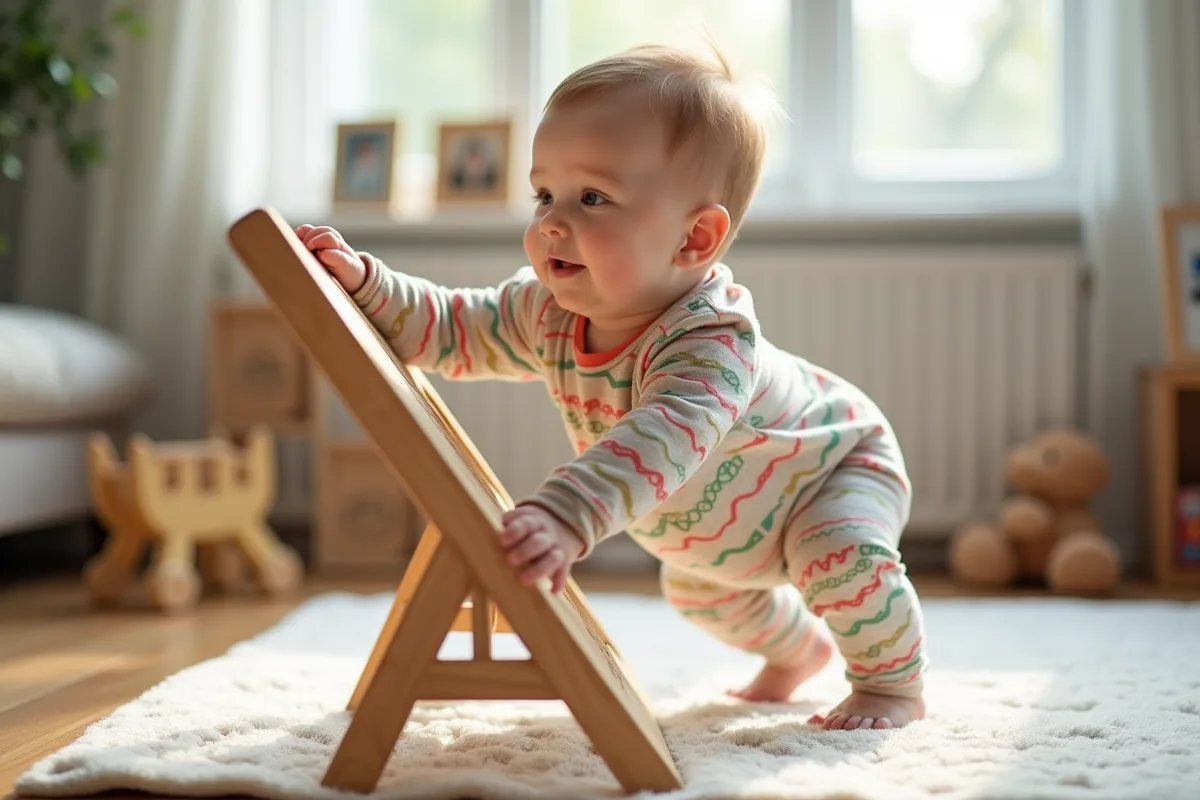 Bébé curieux de 10 mois montant un triangle en bois dans un salon lumineux
