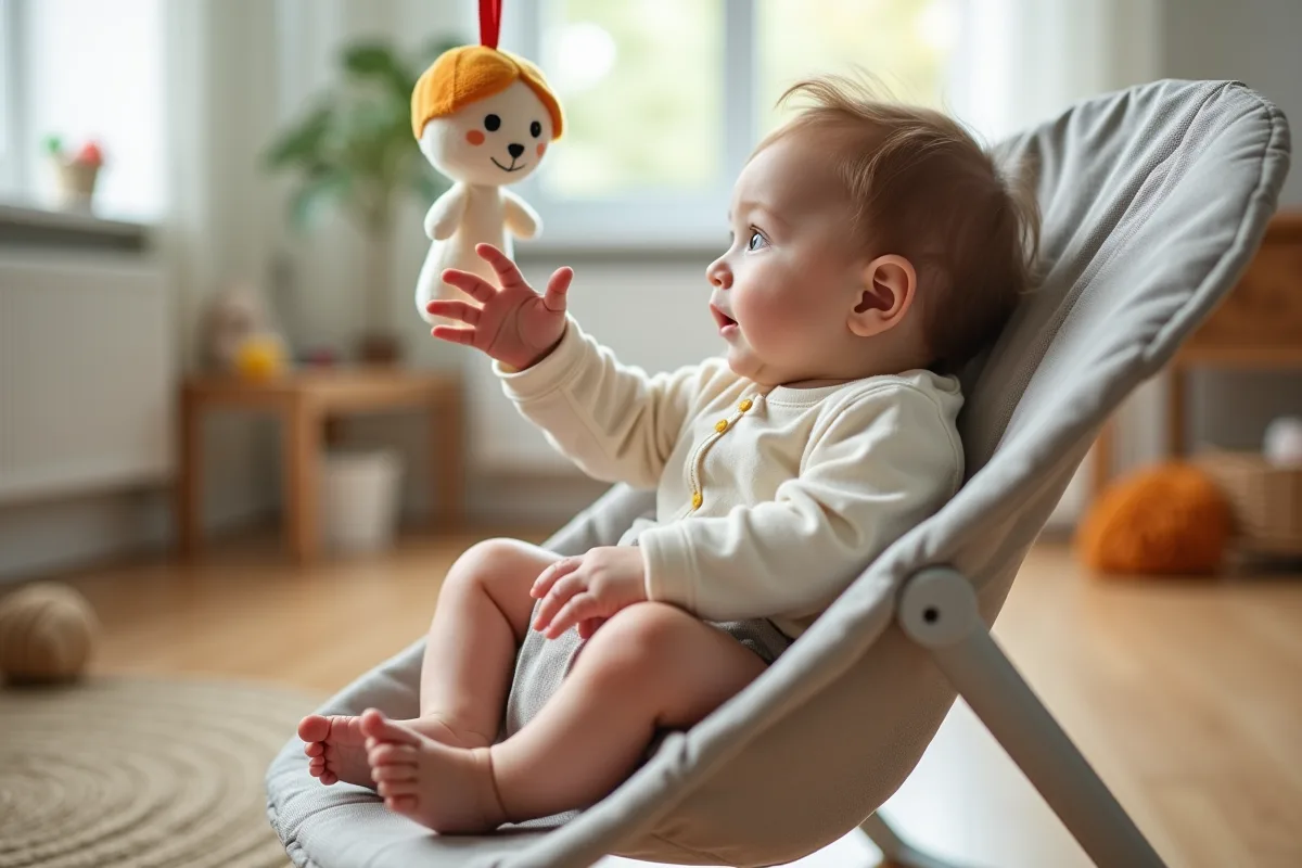 Bebe fille en poussette dans un salon lumineux