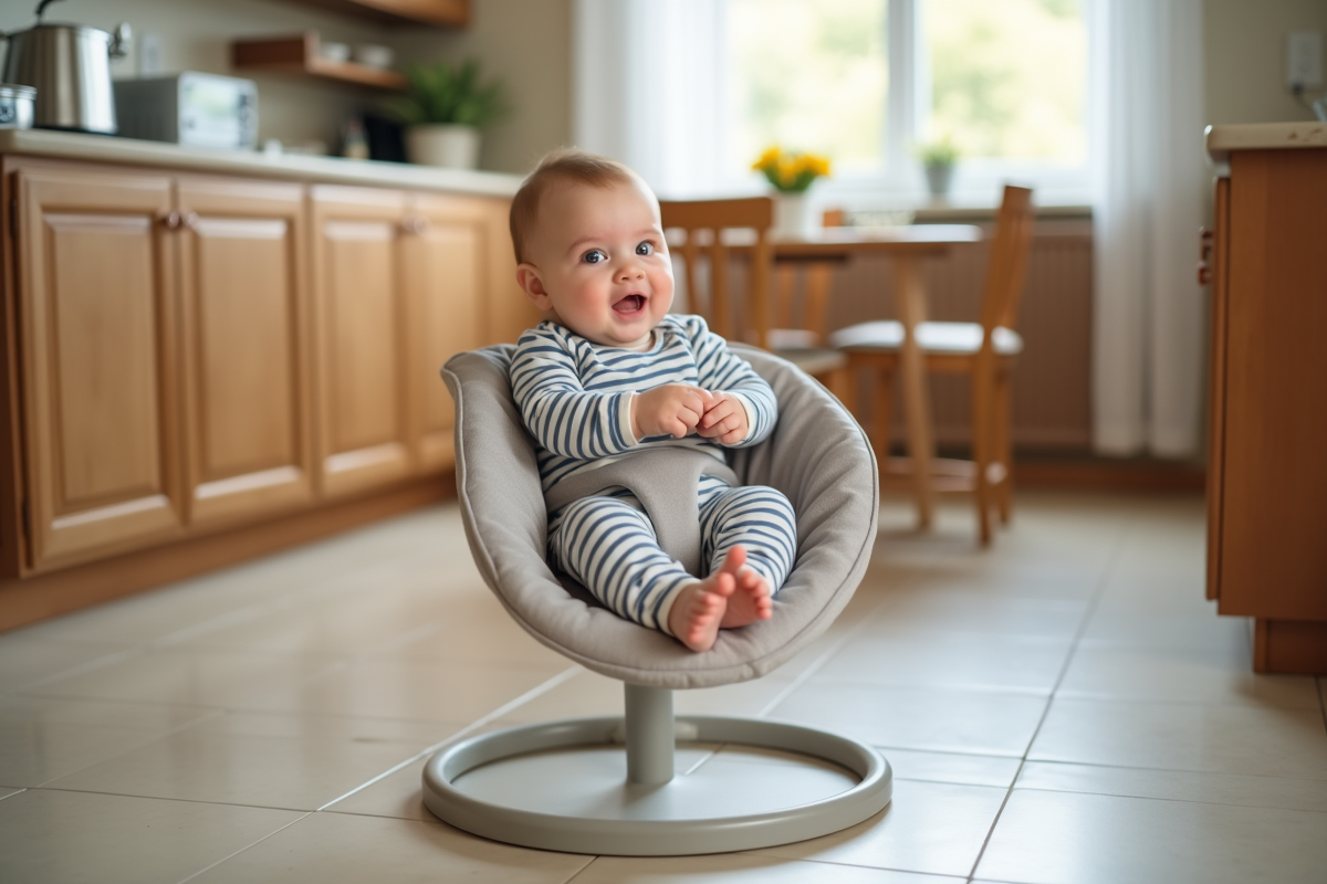 Bebe garcon dans un siège bouncer en cuisine