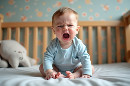Bébé de 6 mois en pleurs dans un lit en bois