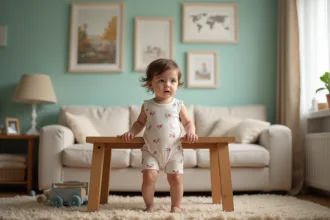 Jeune fille de un an avec romper floral en pleine marche