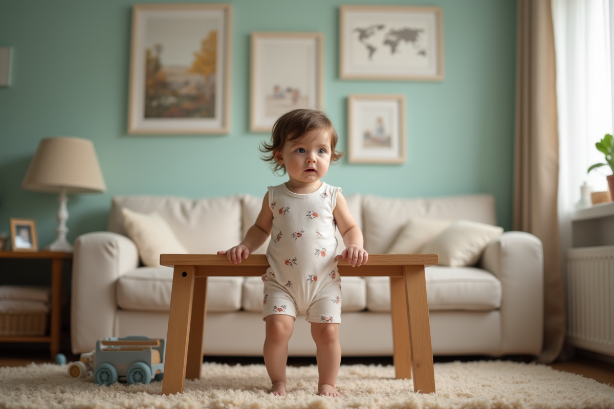 Jeune fille de un an avec romper floral en pleine marche