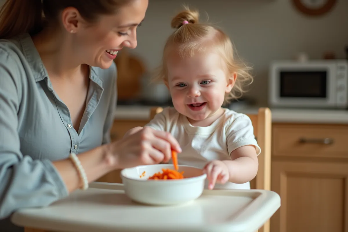 Bebe fille en body coton regarde maman avec une louche