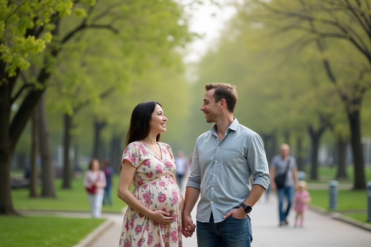 Couple enceinte dans un parc au printemps