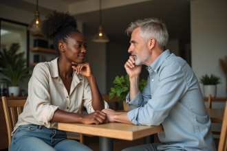 Couple interracial discutant dans une cuisine chaleureuse
