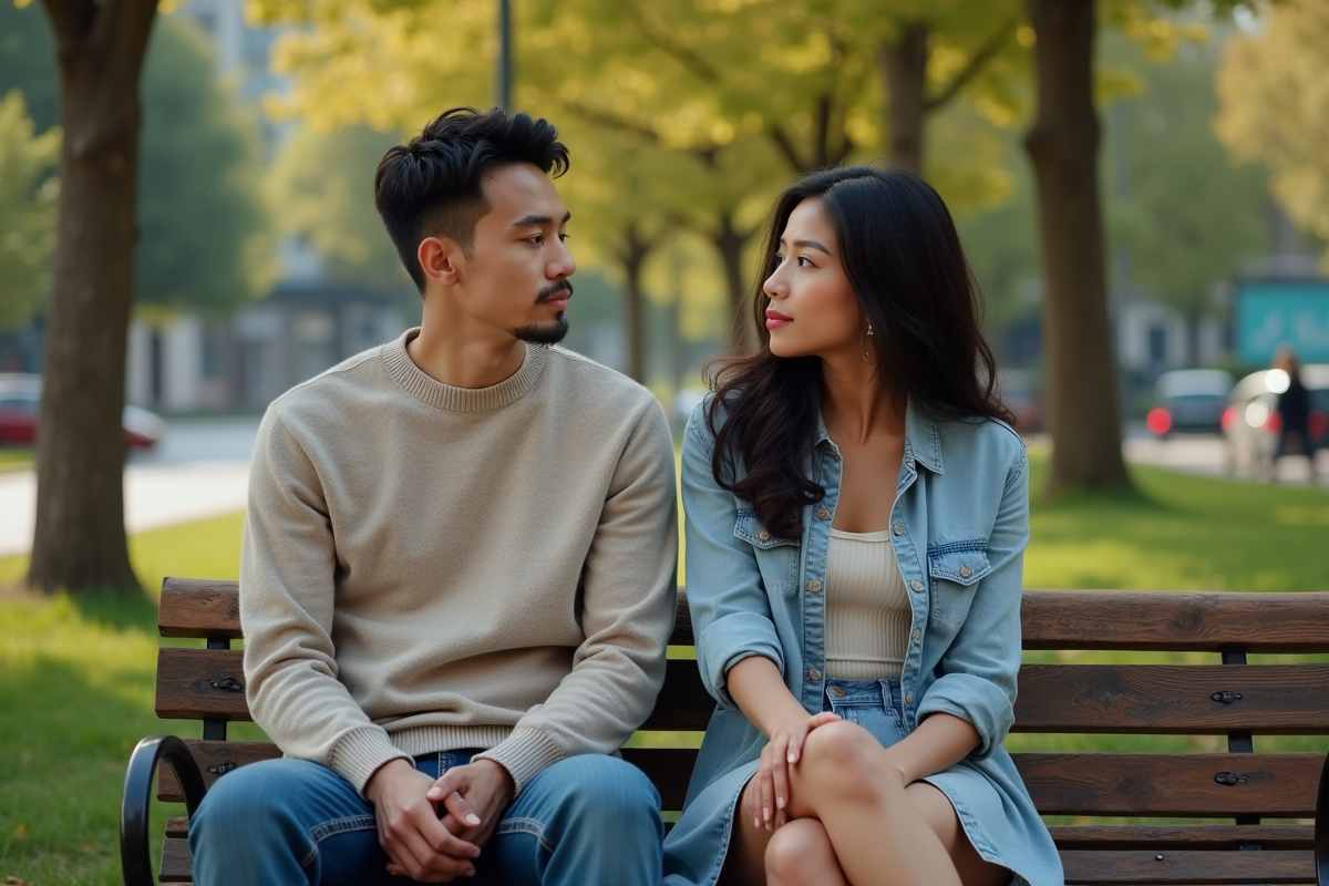Jeune couple interracial assis sur un banc dans un parc