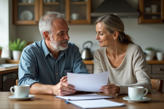 Couple lisant des documents juridiques dans la cuisine