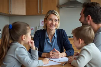 Educatrice familiale parlant avec famille dans la cuisine chaleureuse