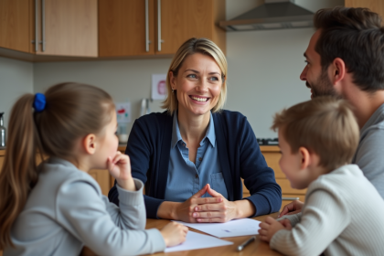 Educatrice familiale parlant avec famille dans la cuisine chaleureuse