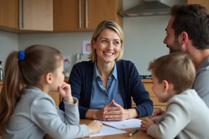 Educatrice familiale parlant avec famille dans la cuisine chaleureuse