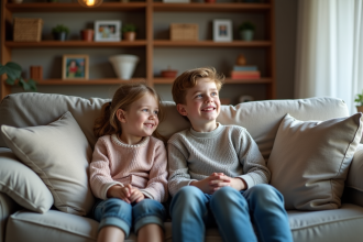 Fille de 7 ans et son frère dans le salon familial