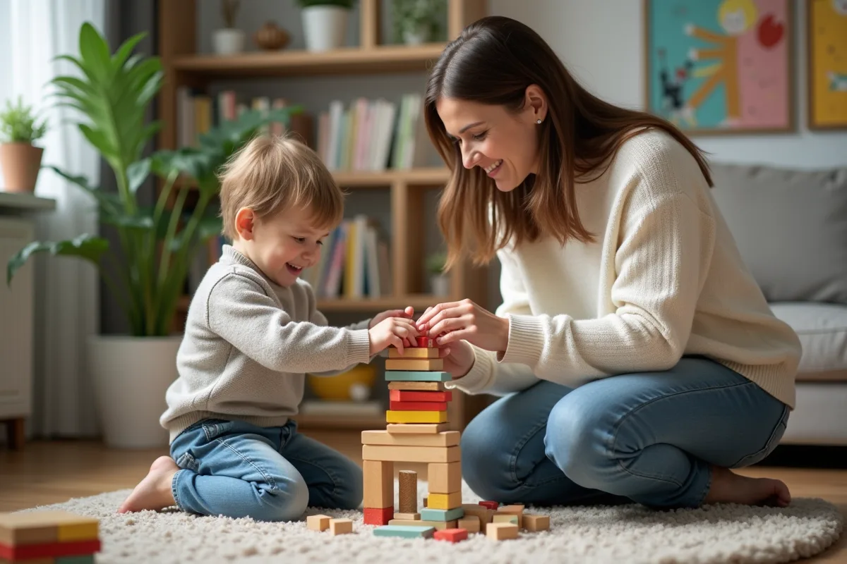 Fille et garçon construisent une tour en bois dans un salon chaleureux