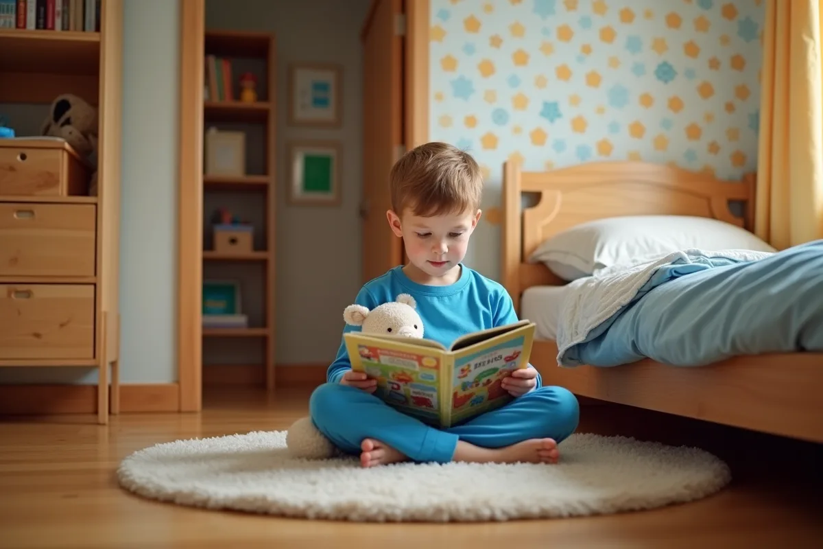 Jeune garçon lisant un livre de conte avec son doudou dans sa chambre