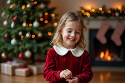 Fille souriante en robe de velours rouge d&eacute;corant le sapin de No&euml;l