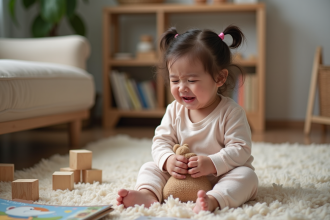 Petite fille en pyjama douce pleurant sur un tapis cozy
