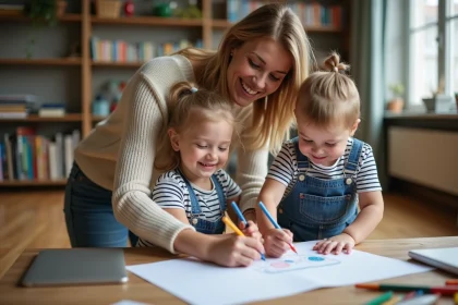 Femme et enfants dessinant dans un salon chaleureux