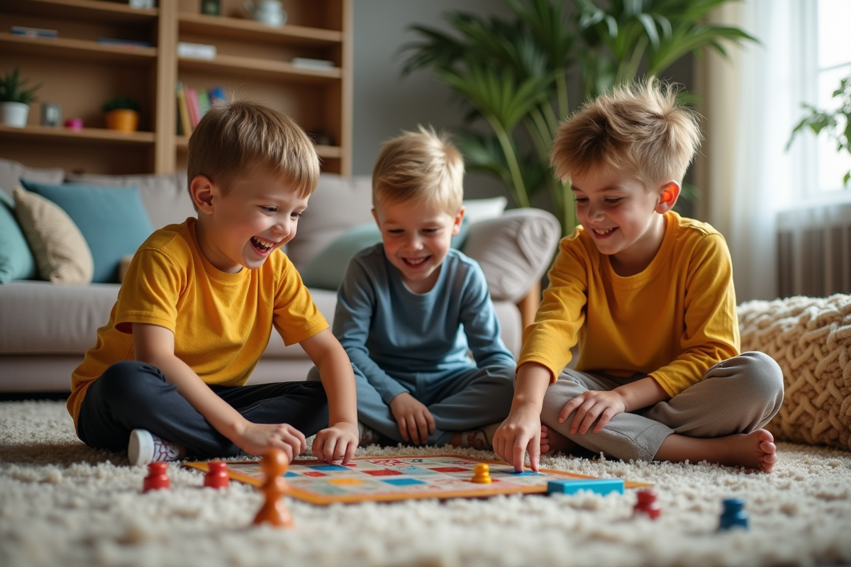 Trois enfants jouant à un jeu de société dans un salon convivial