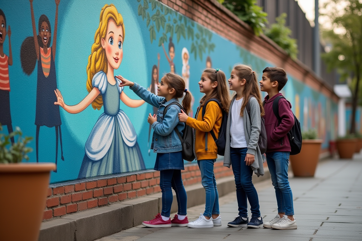 Enfants regardant un mural de Cendrillon dans la rue