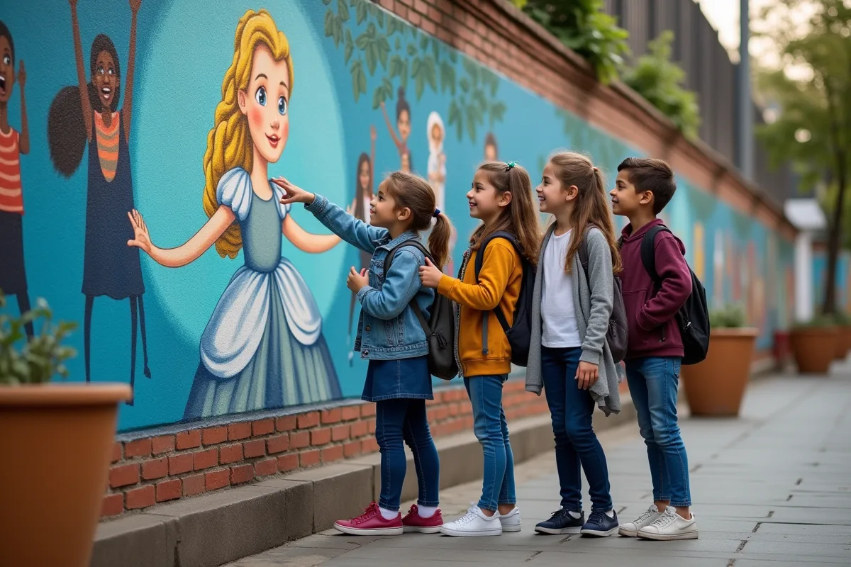 Enfants regardant un mural de Cendrillon dans la rue