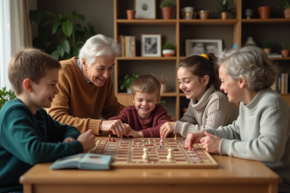 Famille multigenerational joue à un jeu de société dans le salon