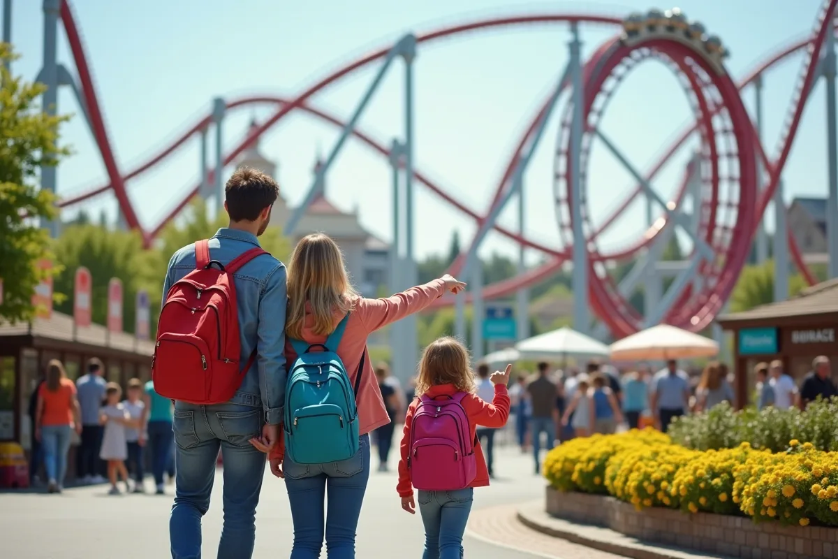 Famille heureuse pointant vers un grand roller coaster en parc d'attractions