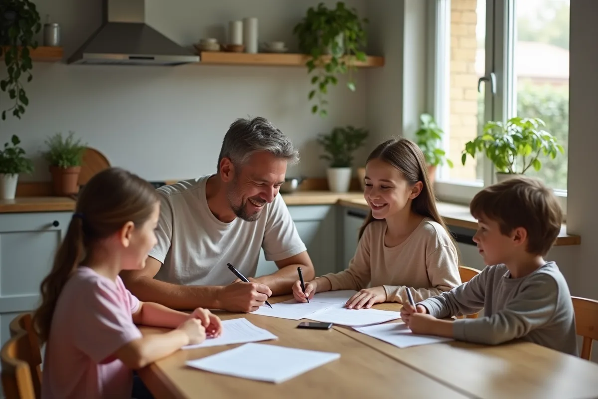 Famille réunie autour d'une table de cuisine organisée