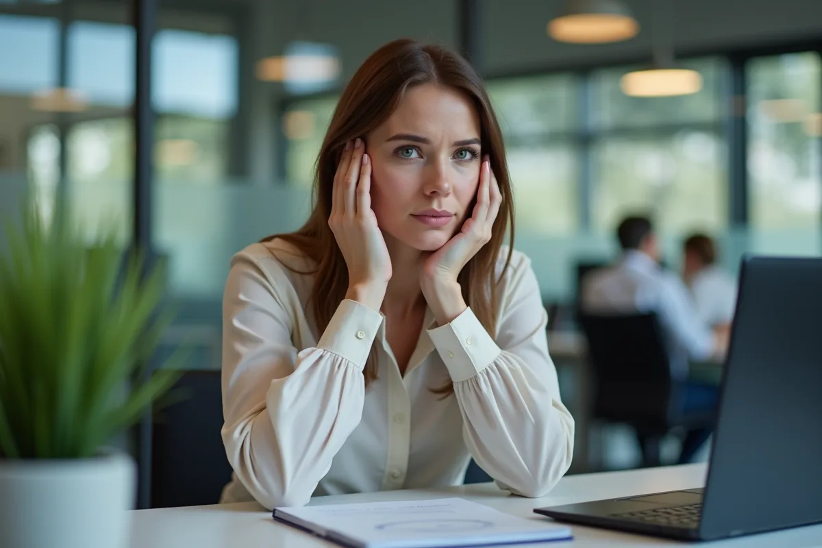 Femme au bureau en tension et concentration