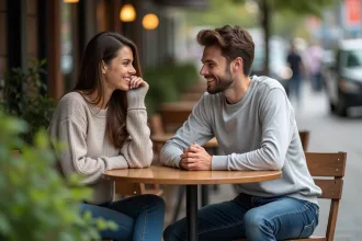 Femme souriante discutant avec un ami au café