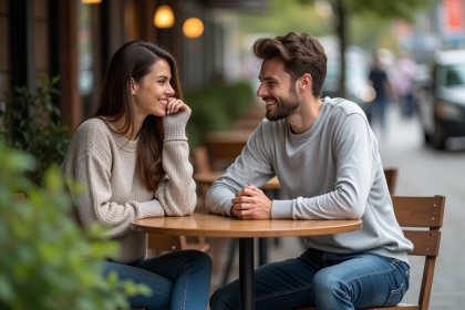 Femme souriante discutant avec un ami au caf&eacute;