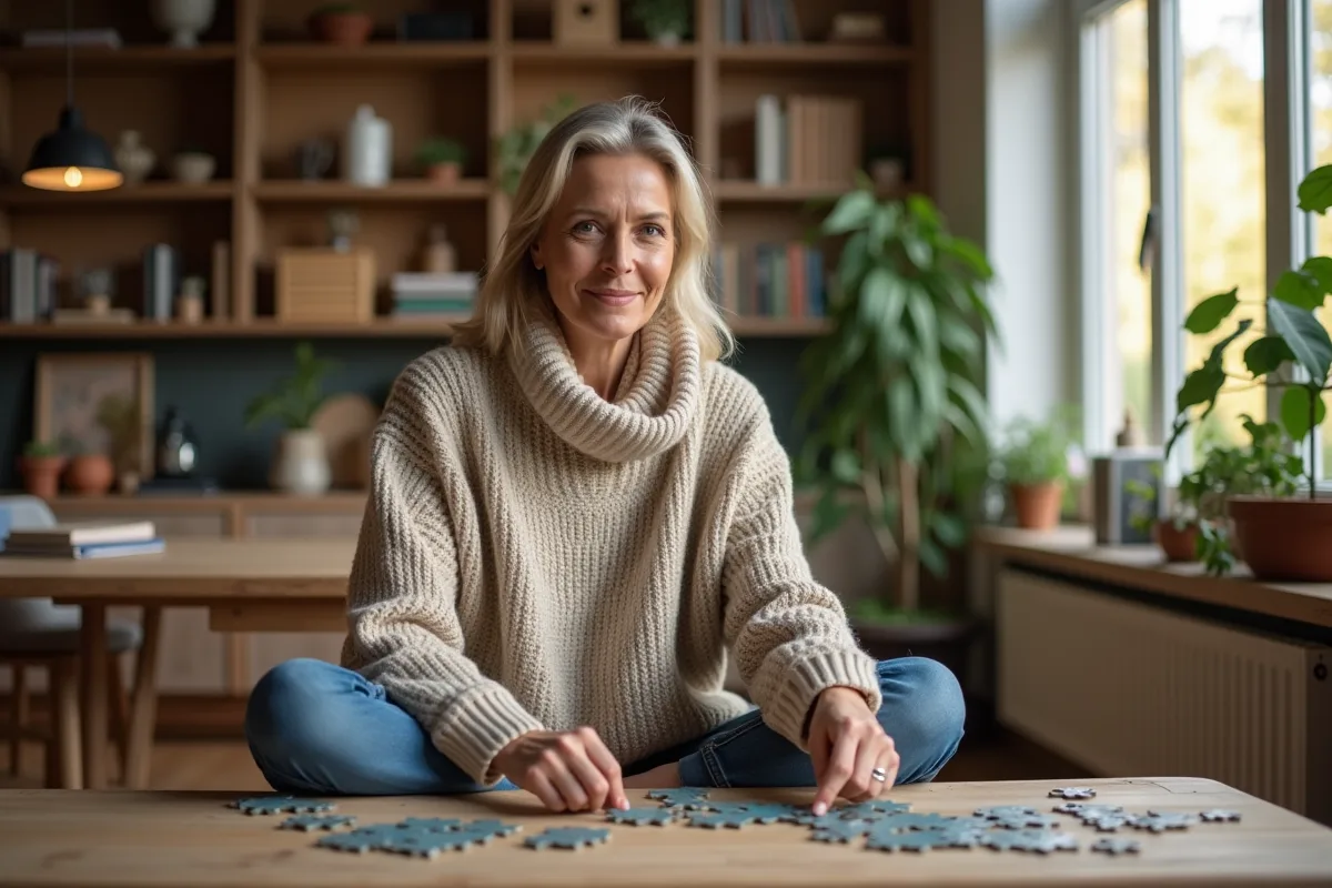 Femme d'âge moyen assemble un puzzle dans un salon chaleureux