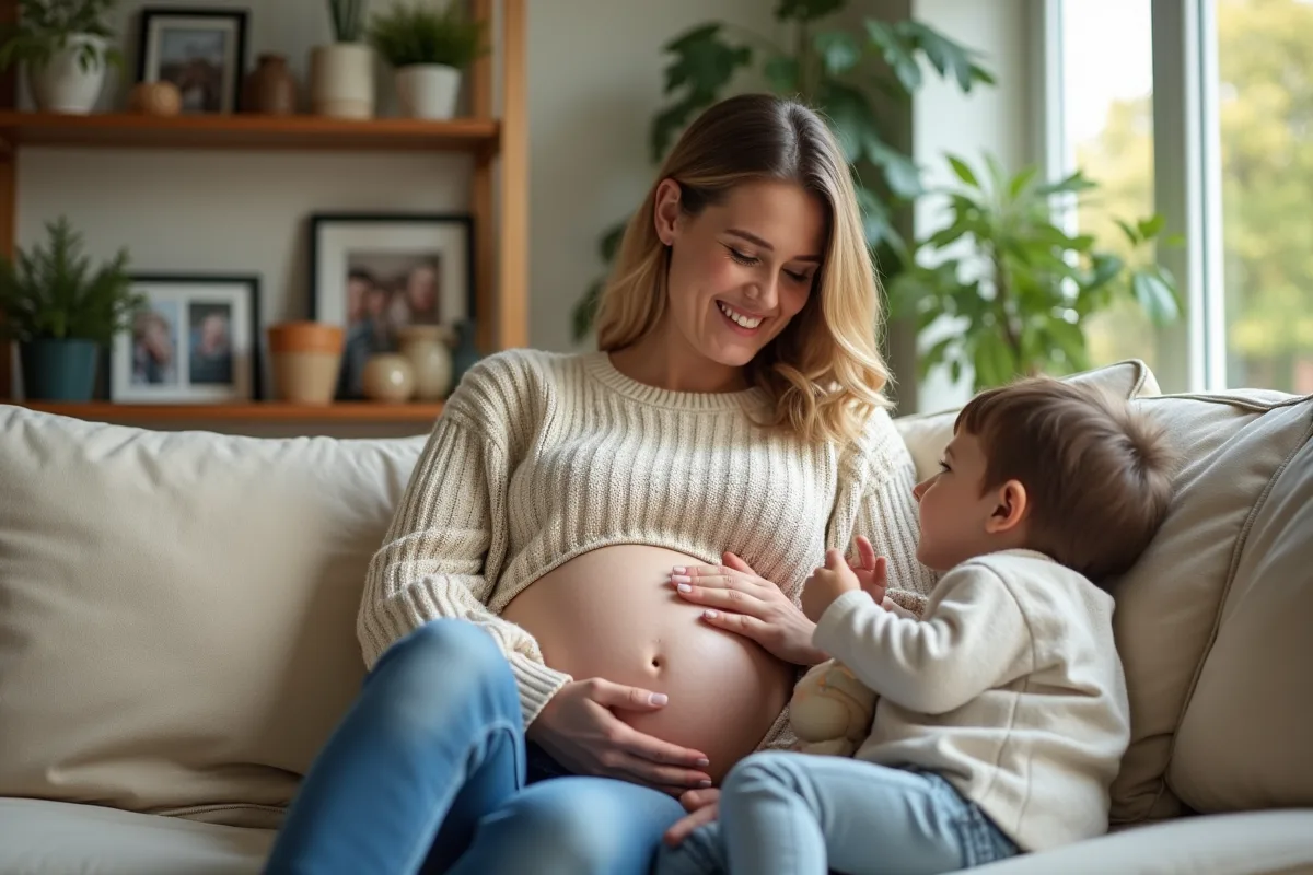 Femme enceinte souriante dans un salon chaleureux