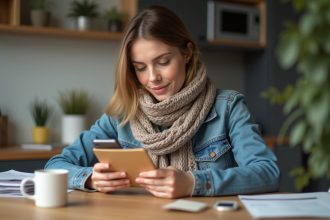 Jeune femme en cuisine vérifiant son smartphone