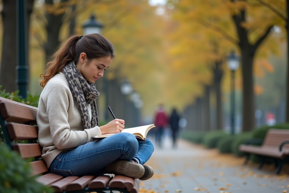 Femme lisant dans un parc en automne
