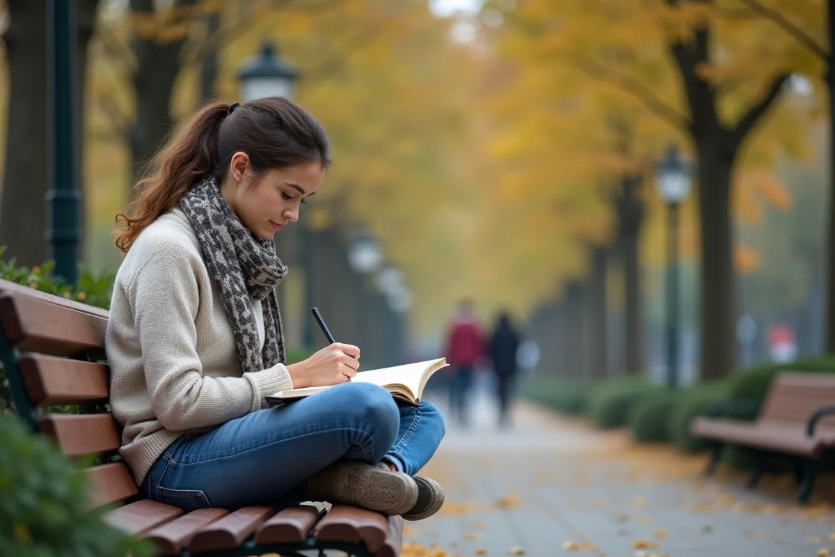 Femme lisant dans un parc en automne