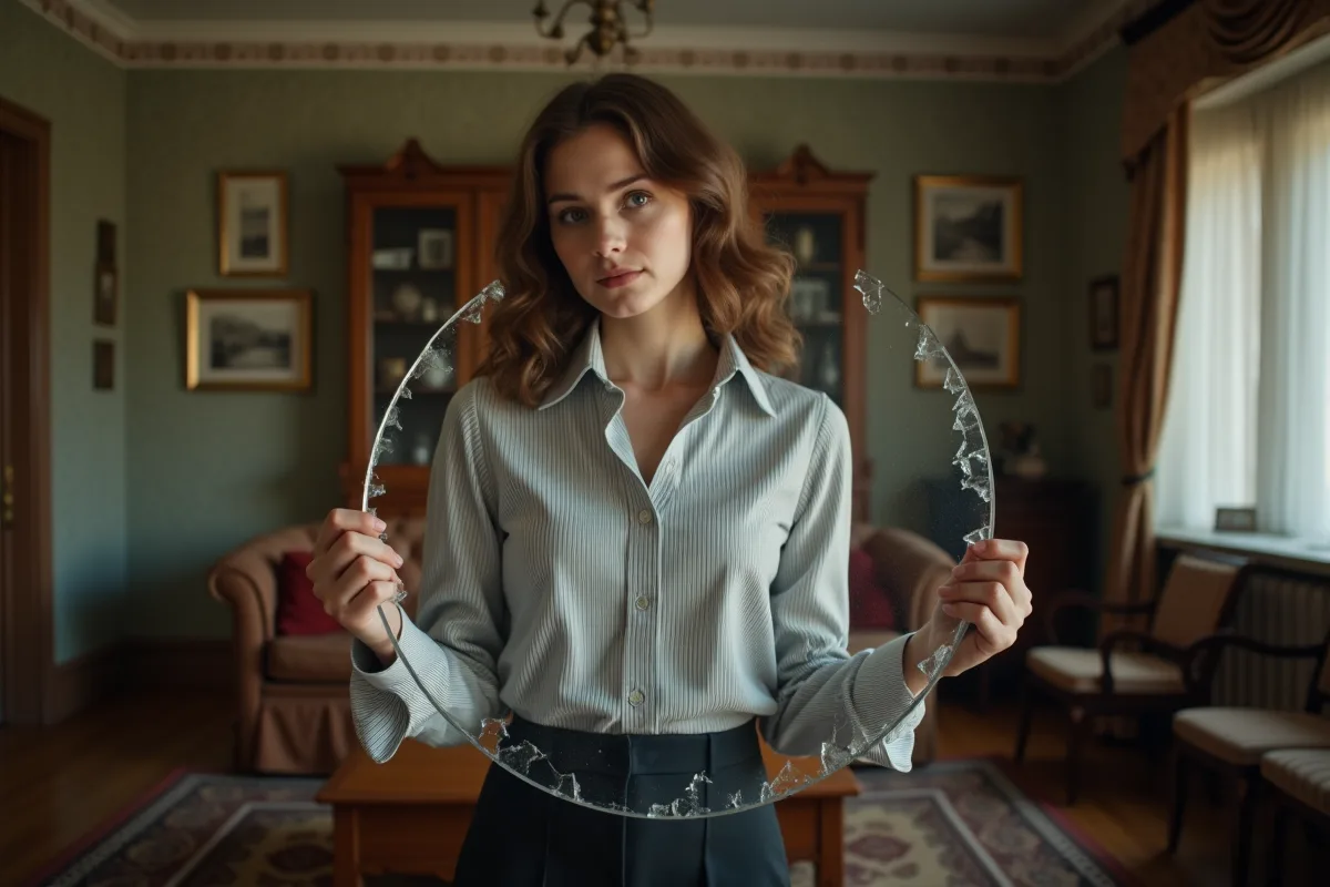 Jeune femme réfléchissant avec un miroir cassé dans un salon vintage