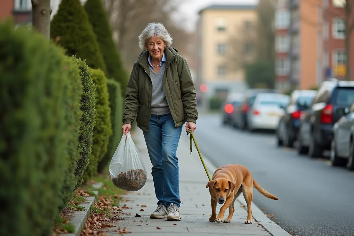 Femme en extérieur nettoyant après son chien dans une rue résidentielle