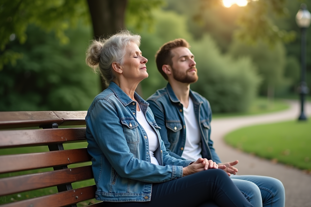 Femme assise sur un banc de parc avec son fils dans la nature