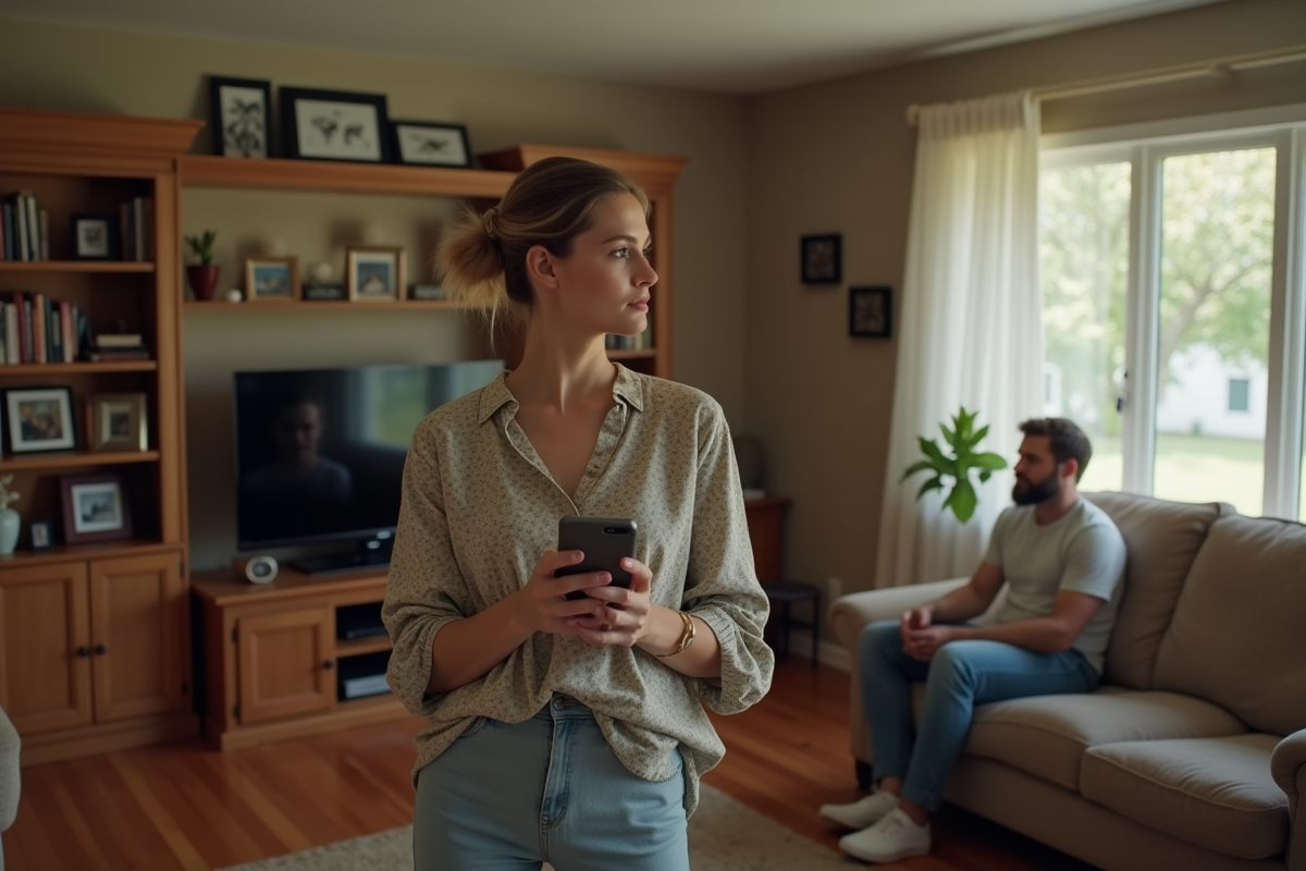 Femme regardant un homme dans un salon chaleureux