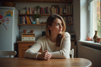 Femme pensant près d'une fenêtre dans un intérieur chaleureux