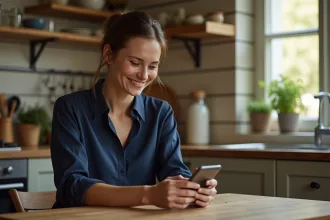Femme assise à la cuisine en train de taper un message