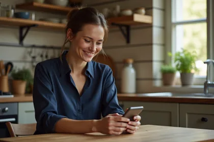 Femme assise à la cuisine en train de taper un message