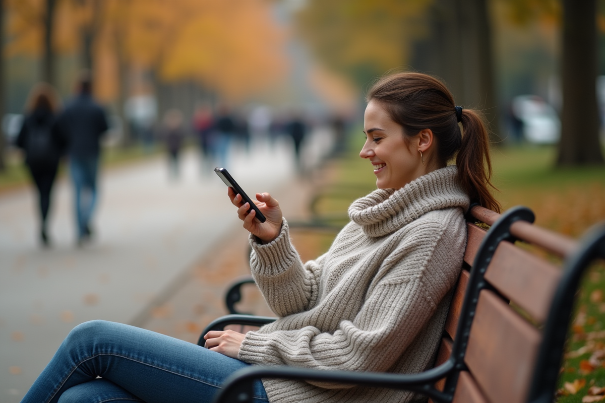 Femme assise sur un banc dans un parc automnal regardant son smartphone
