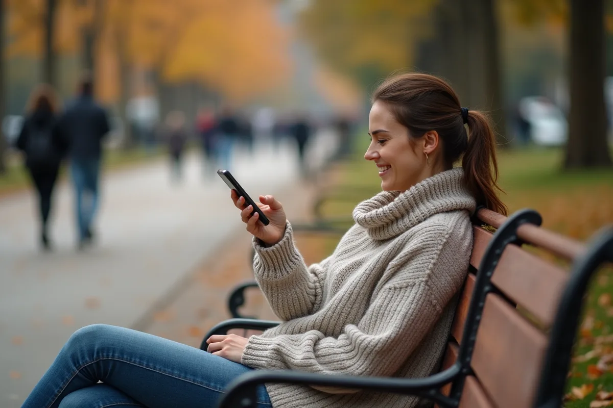 Femme assise sur un banc dans un parc automnal regardant son smartphone