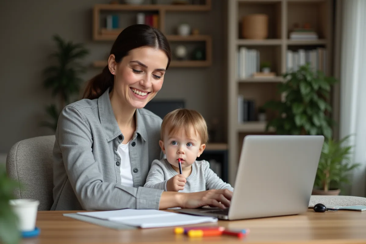 Femme souriante avec son enfant sur un bureau à la maison