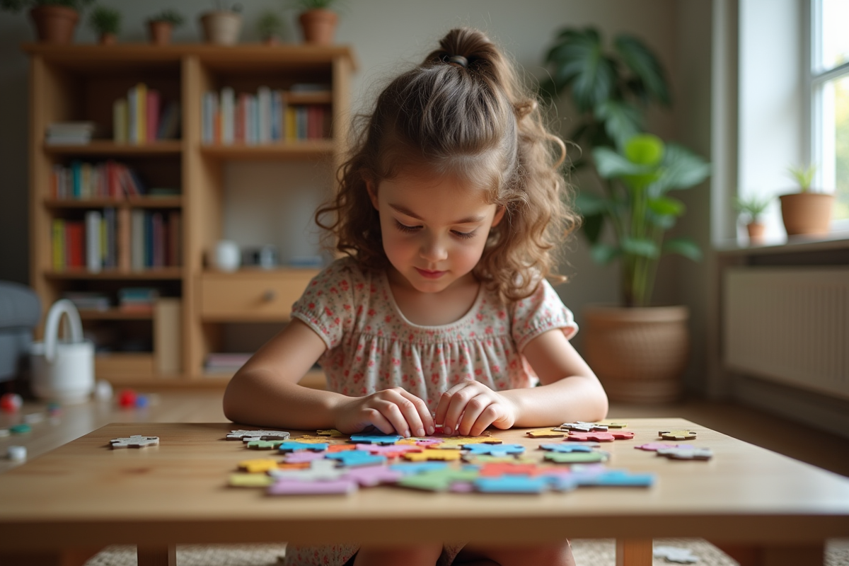 Fille de dix ans assemble un puzzle dans un salon chaleureux