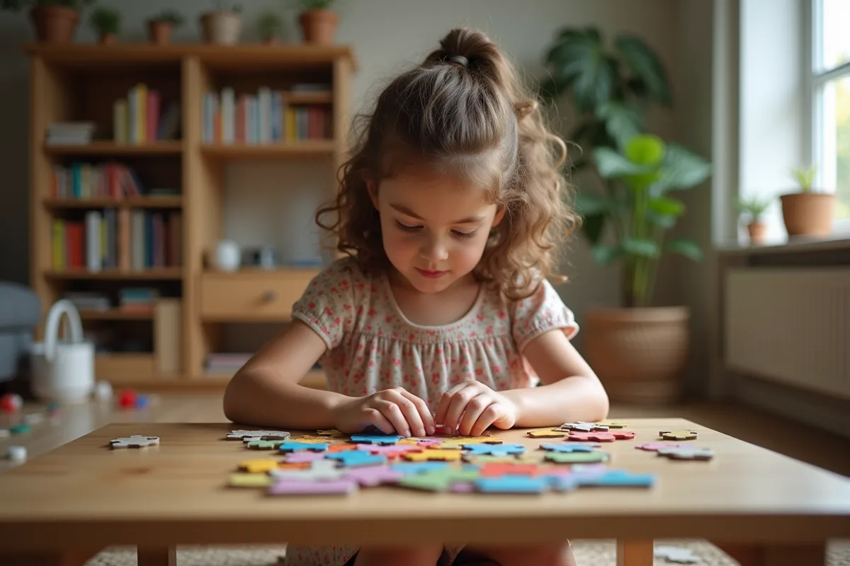 Fille de dix ans assemble un puzzle dans un salon chaleureux